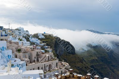 Santorini buildings in the fog