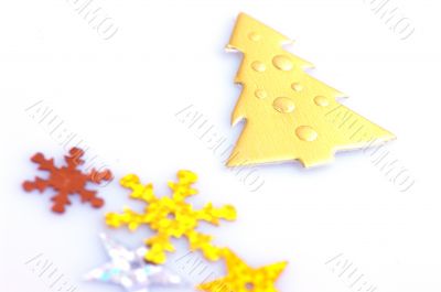 christmas gold pine isolated on white with snowflakes