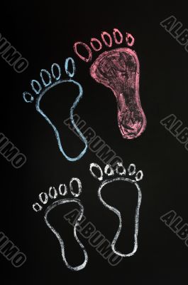 Footprints symbol drawn with chalk on blackboard background