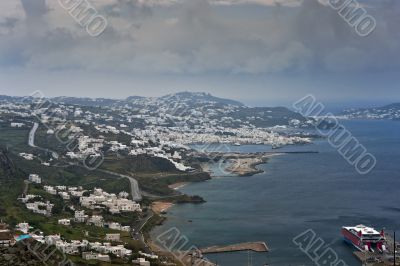 Mykonos island view at spring rainy day