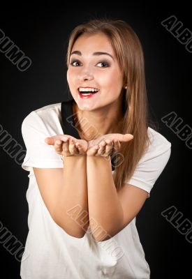 beautiful girl pulls his hands