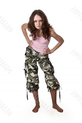 girl in khaki pants and a pink shirt