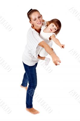 Mother and daughter show his hand in the studio
