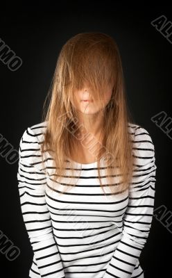hair covers her face with a young girl