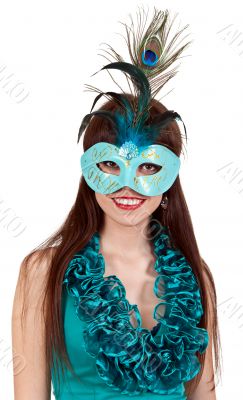 brunette girl in a blue dress and mask