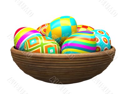 Colorful painted easter eggs in wood plate