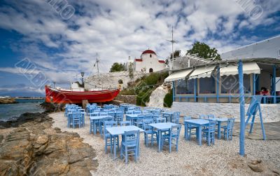 Mykonos beach taverna and the church