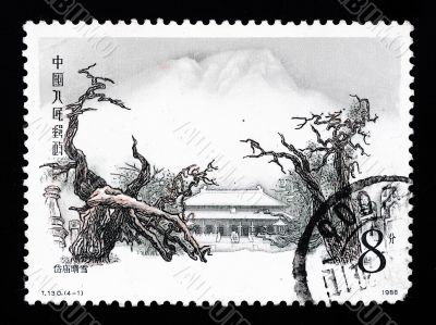 A stamp printed in China shows the ancient temple of Daimiao