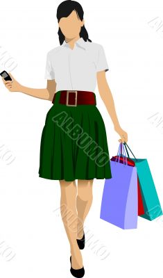 Cute shopping lady with bags. Vector colored illustration