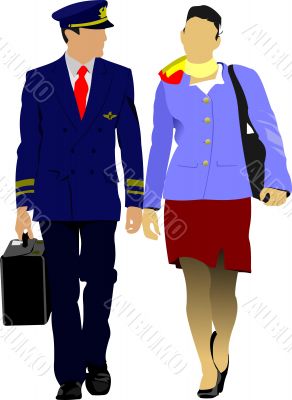 Flight crew. Cheerful pilot and stewardess with trolley, isolate