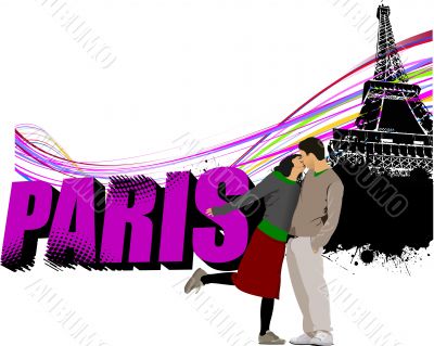3D word Paris on the Eiffel tower grunge background with kissing