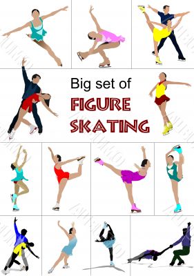 Big set of Figure skating colored silhouettes. Vector illustrati