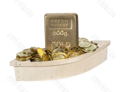 Wooden Boat Filled with Gold Coins
