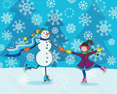 Girl with snowman skating