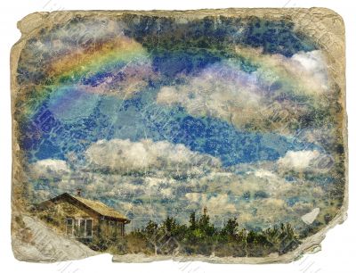retro design - the sky, clouds, rainbow, house. 
