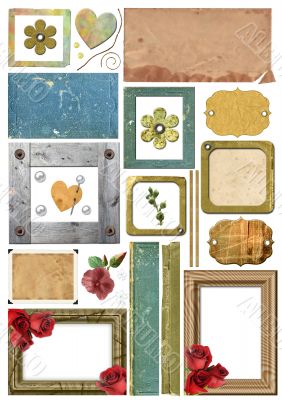 A set of scrap elements, picture frames, photo edges and paper.