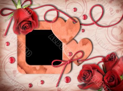 Vintage photo frame, red roses and heart