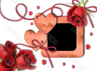 Vintage photo frame, red roses and heart