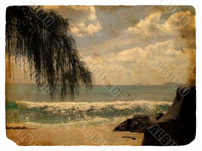 Tropical landscape, Seychelles. Old postcard