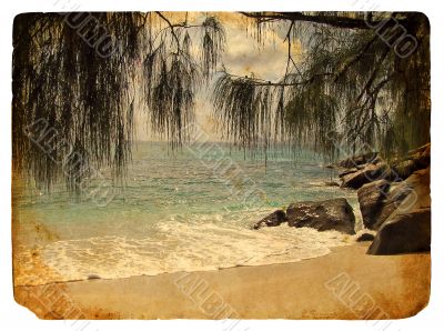 Tropical landscape, Seychelles. Old postcard