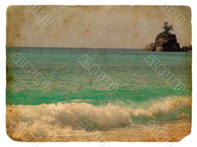 Tropical landscape, Seychelles. Old postcard.