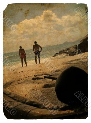 Family on holiday, Seychelles. Old postcard.