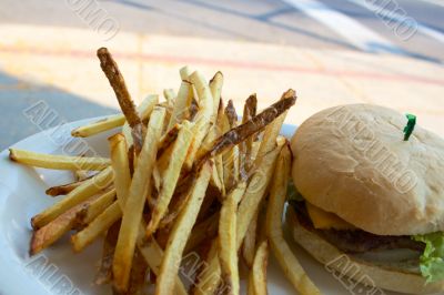 Cheeseburger and Fries on a Plate Outdoors