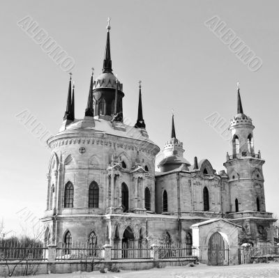 White stone church built in russian gothic style 