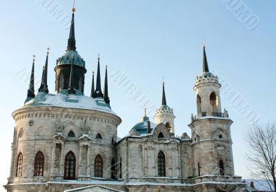 White stone church built in russian gothic style 