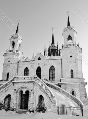 White stone church built in russian gothic style 