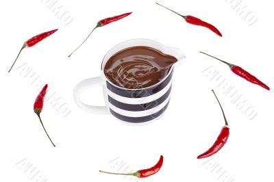 close up melted chocolate cup and chili