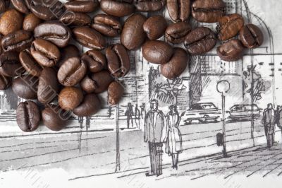 coffee beans over a drawing
