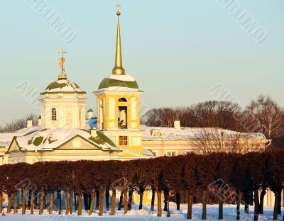 Kuskovo estate. View of the palace church with a bell tower from