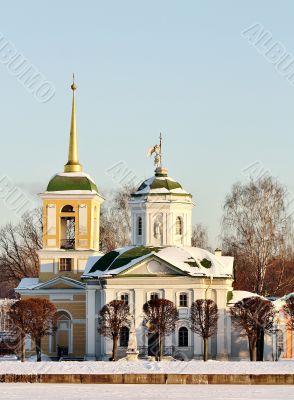 Kuskovo estate. View of the palace church with a bell tower from