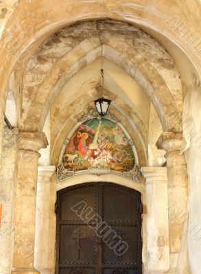front door f the church built in russian gothic style (pseudo go