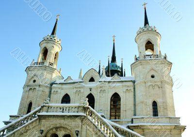 White stone church built in russian gothic style 
