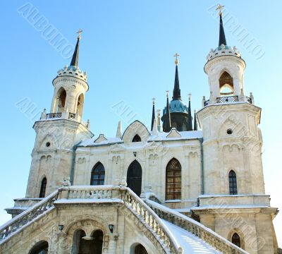 White stone church built in russian gothic style 