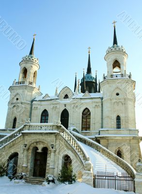 White stone church built in russian gothic style 