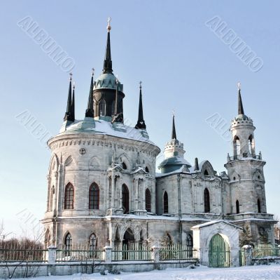 White stone church built in russian gothic style 