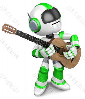 Green robot to play the acoustic guitar. 3D Robot Character