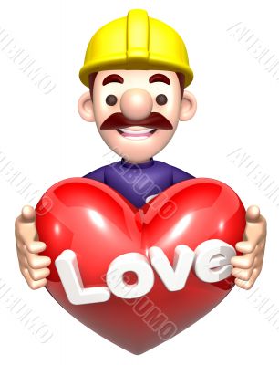 A man holding a Heart. 3D construction works Character