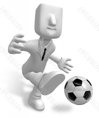 Strong business man kicking a soccer ball. 3D Business Character