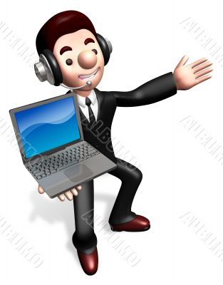 The laptop sale shop staff grasp. 3D Business Character