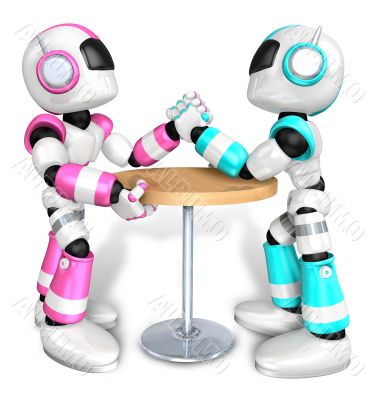 Scientology robot arm wrestling showdown with magenta Robot
