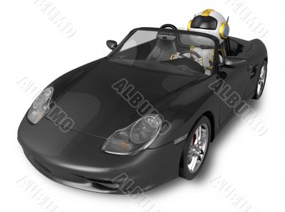 Gold Robot riding a black sports car. 3D Robot Character