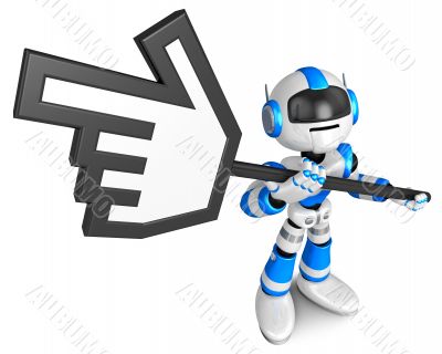 That blue robot holding a large cursor indicate a direction.