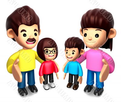 Queue with the Happy a family. 3D Family Character