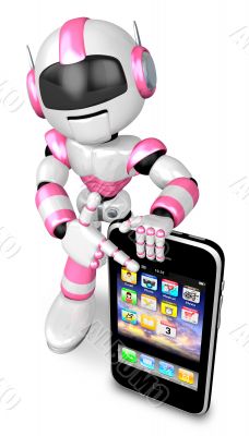 The Smartphone Point to A Pink robots. 3D Robot Character
