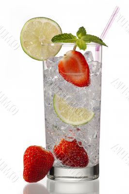 view of a glass with ice lemon slice  and strawberry