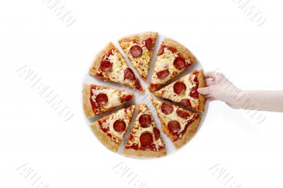 hand lifting a slice of pepperoni pizza
